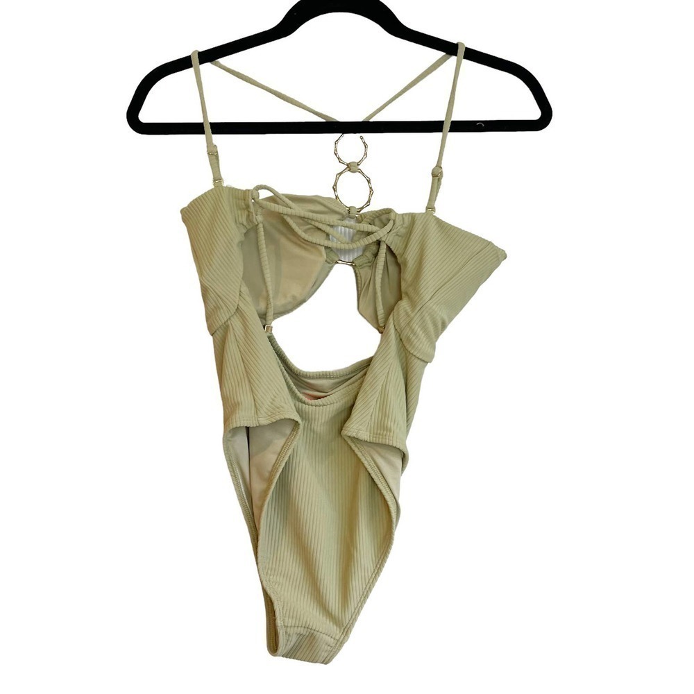 New River Island Ribbed Cut Out Swimsuit Stretch Solid Green Women's Size 8 - Picture 5 of 13